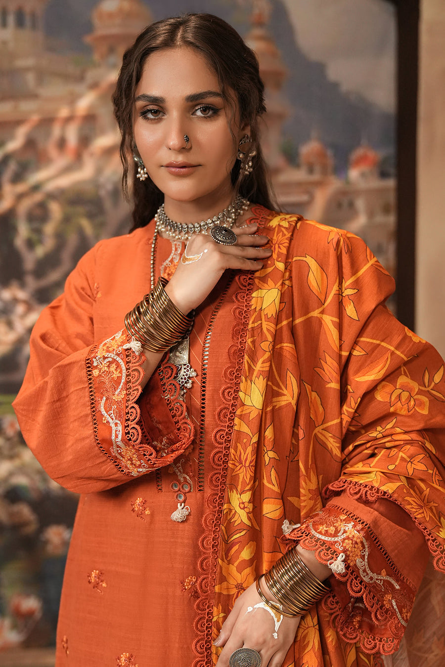 Zellbury rust orange embroidered Khaddar 3 piece unstitched suit WUW24E30483 image 1