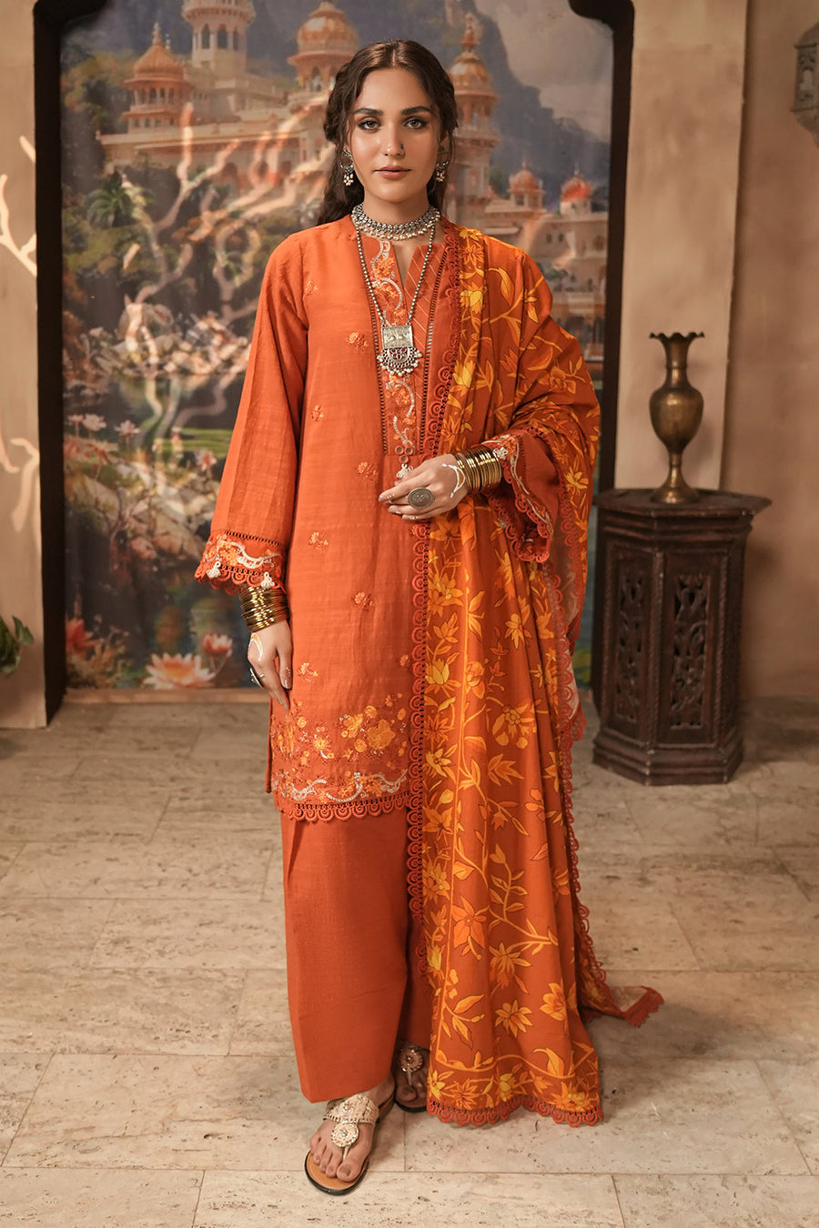 Zellbury rust orange embroidered Khaddar 3 piece unstitched suit WUW24E30483 image 2