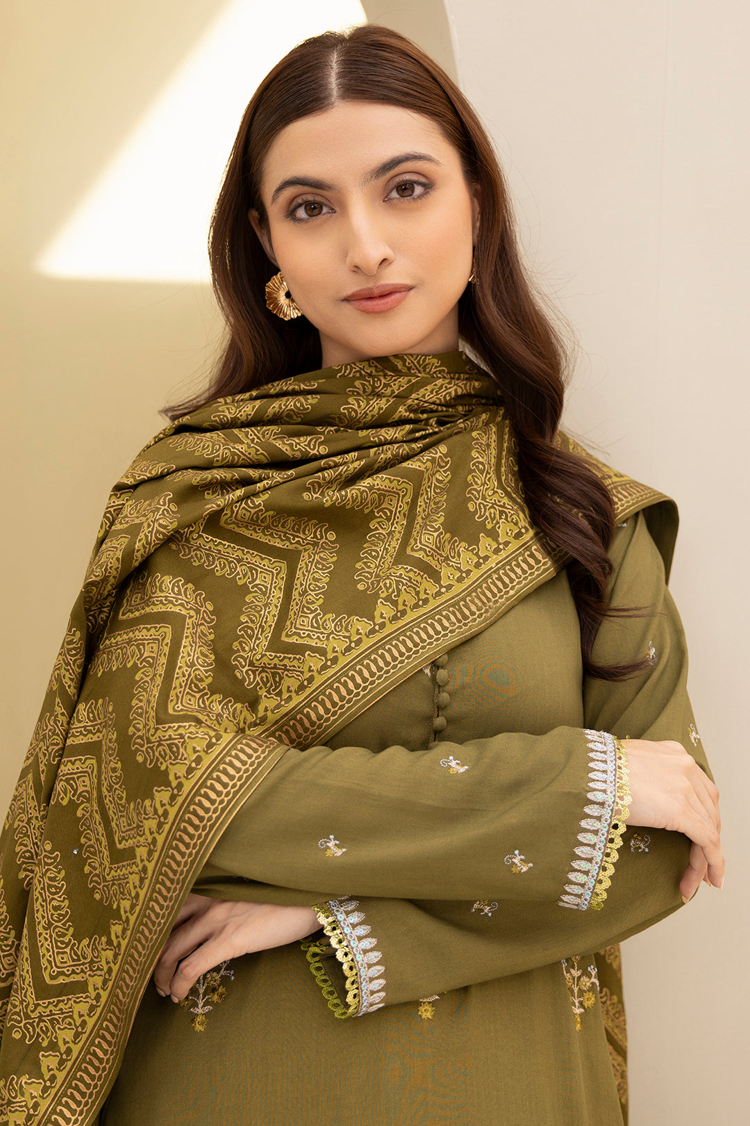 Zellbury olive green embroidered Viscose 3 piece unstitched suit WUW24E30491 image 1