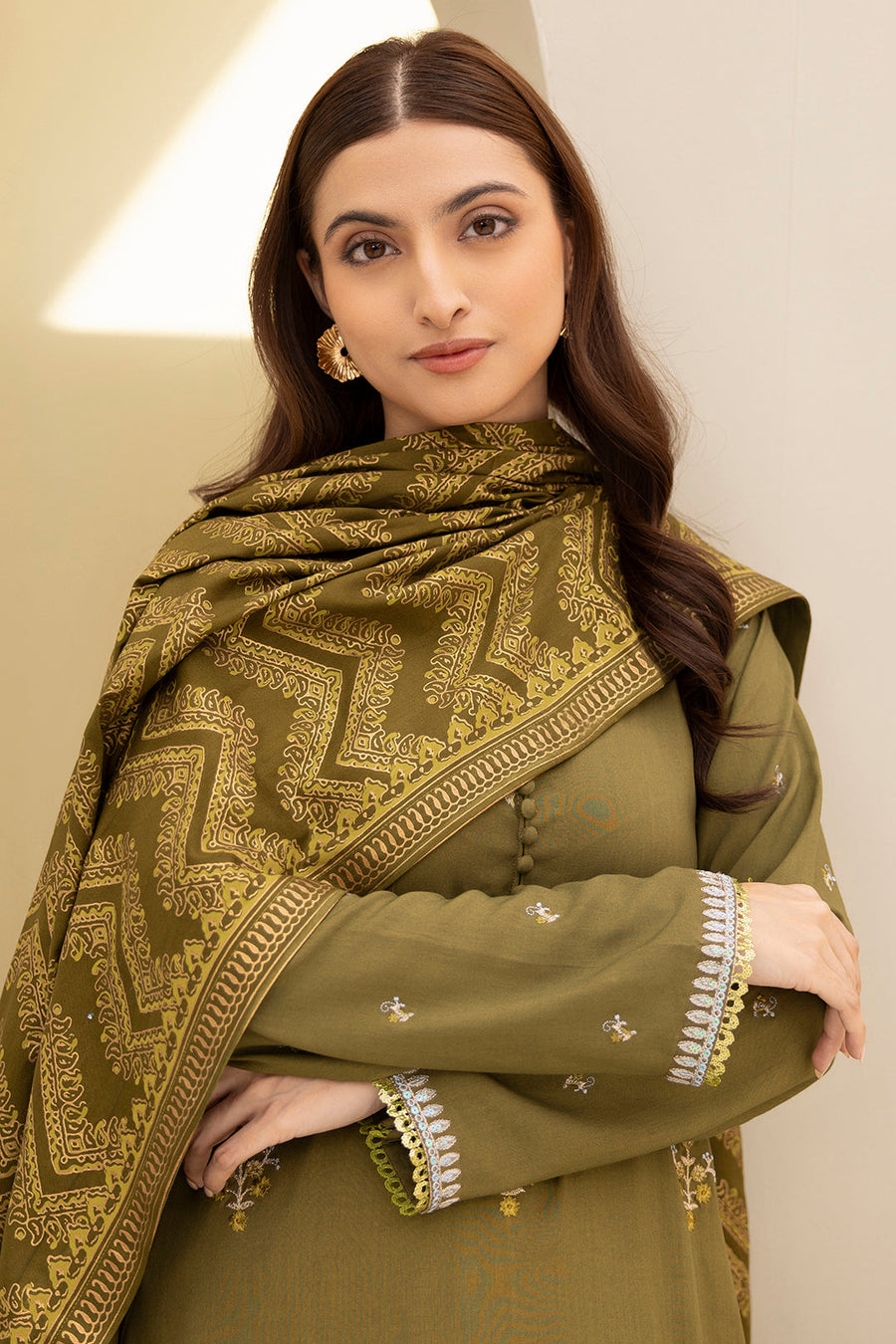 Zellbury olive green embroidered Viscose 3 piece unstitched suit WUW24E30491 image 1