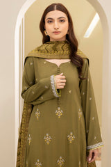 Zellbury olive green embroidered Viscose 3 piece unstitched suit WUW24E30491 image 3