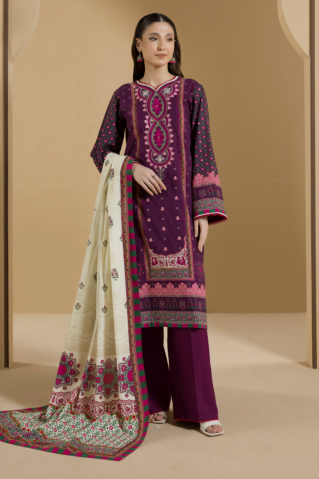Zellbury Magenta Embroidered Linen 3 Piece Unstitched Suit – WUW25E30106 image 1