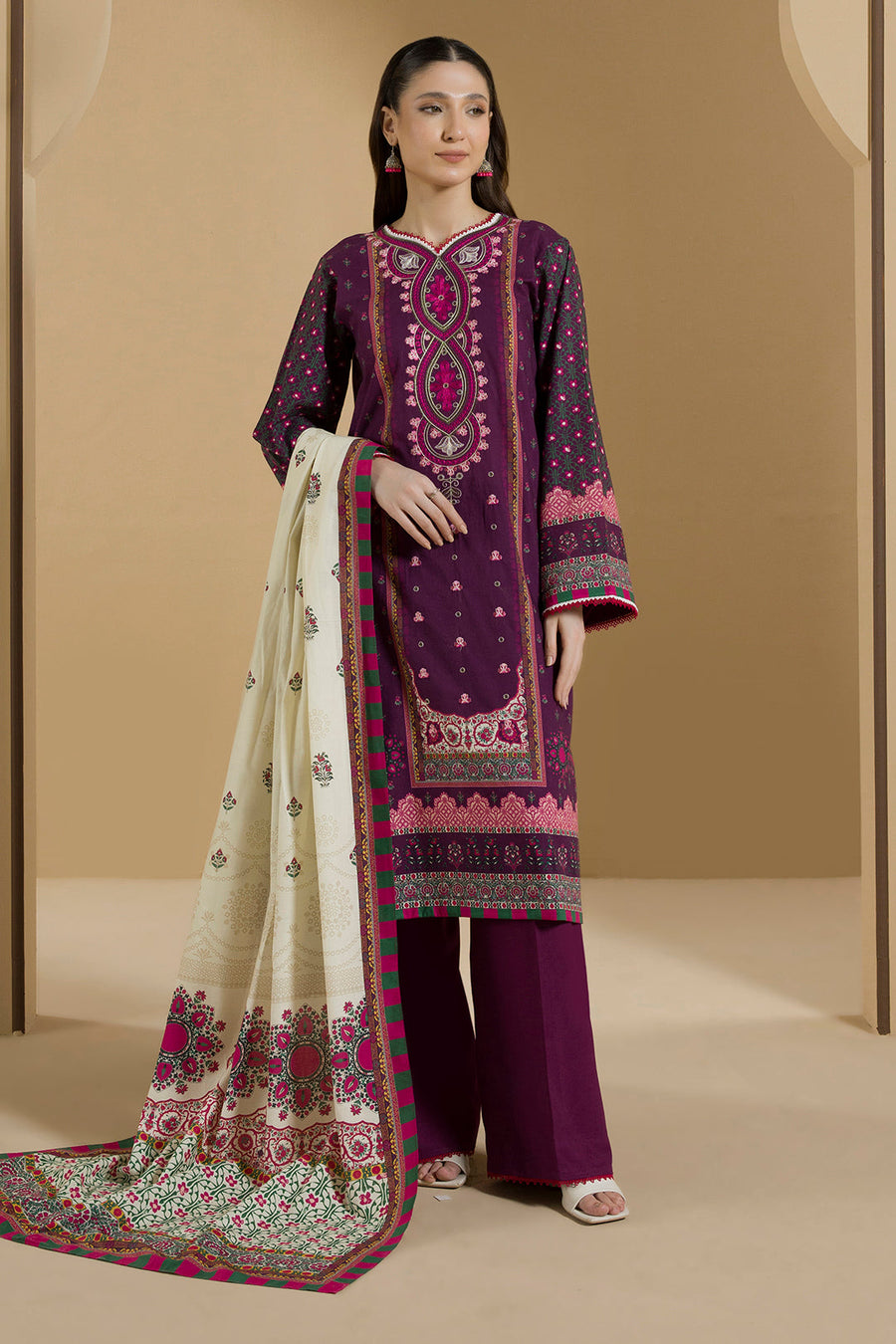 Zellbury Magenta Embroidered Linen 3 Piece Unstitched Suit – WUW25E30106 image 1