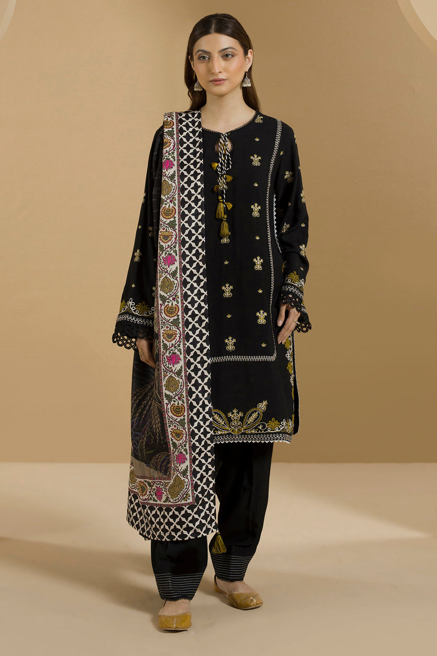 Zellbury black embroidered Linen 3 piece unstitched suit WUW25E30112 image 1