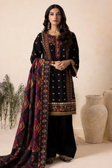 Full view of Zellbury black embroidered Khaddar suit with shawl