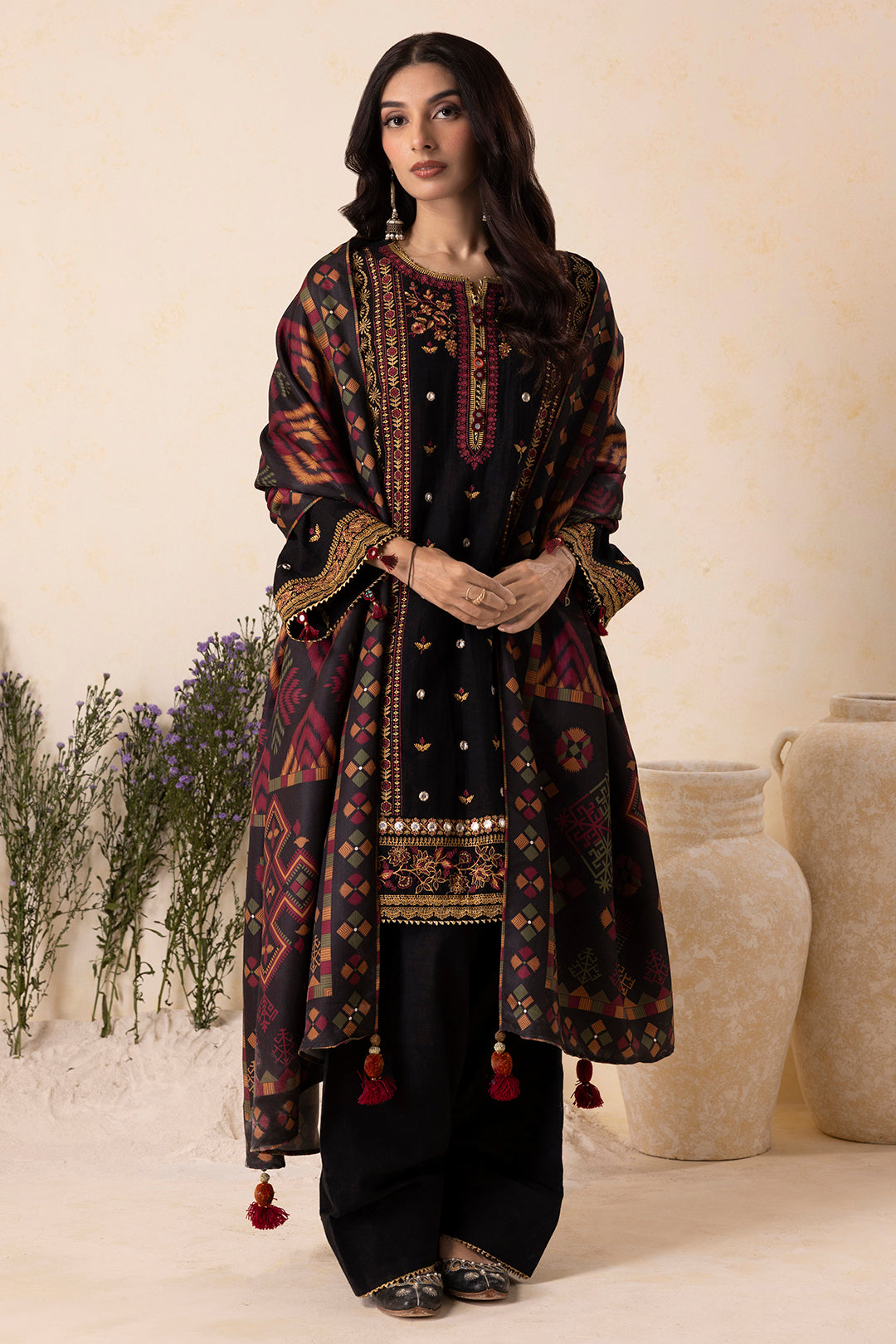 Zellbury black Khaddar suit with patterned shawl