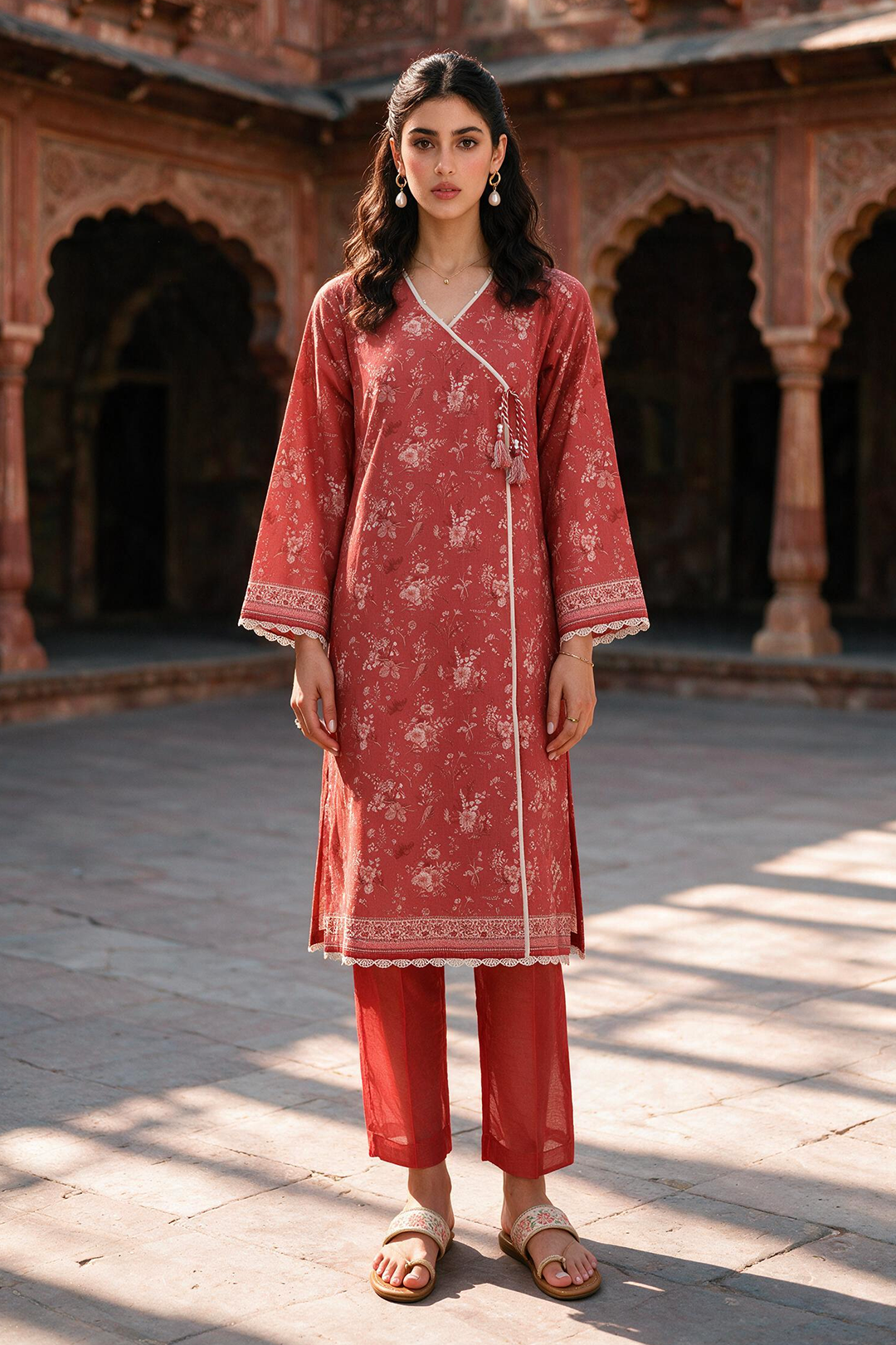 Zellbury dusty rose printed Khaddar 2 piece suit WUWQ1X20473 full view