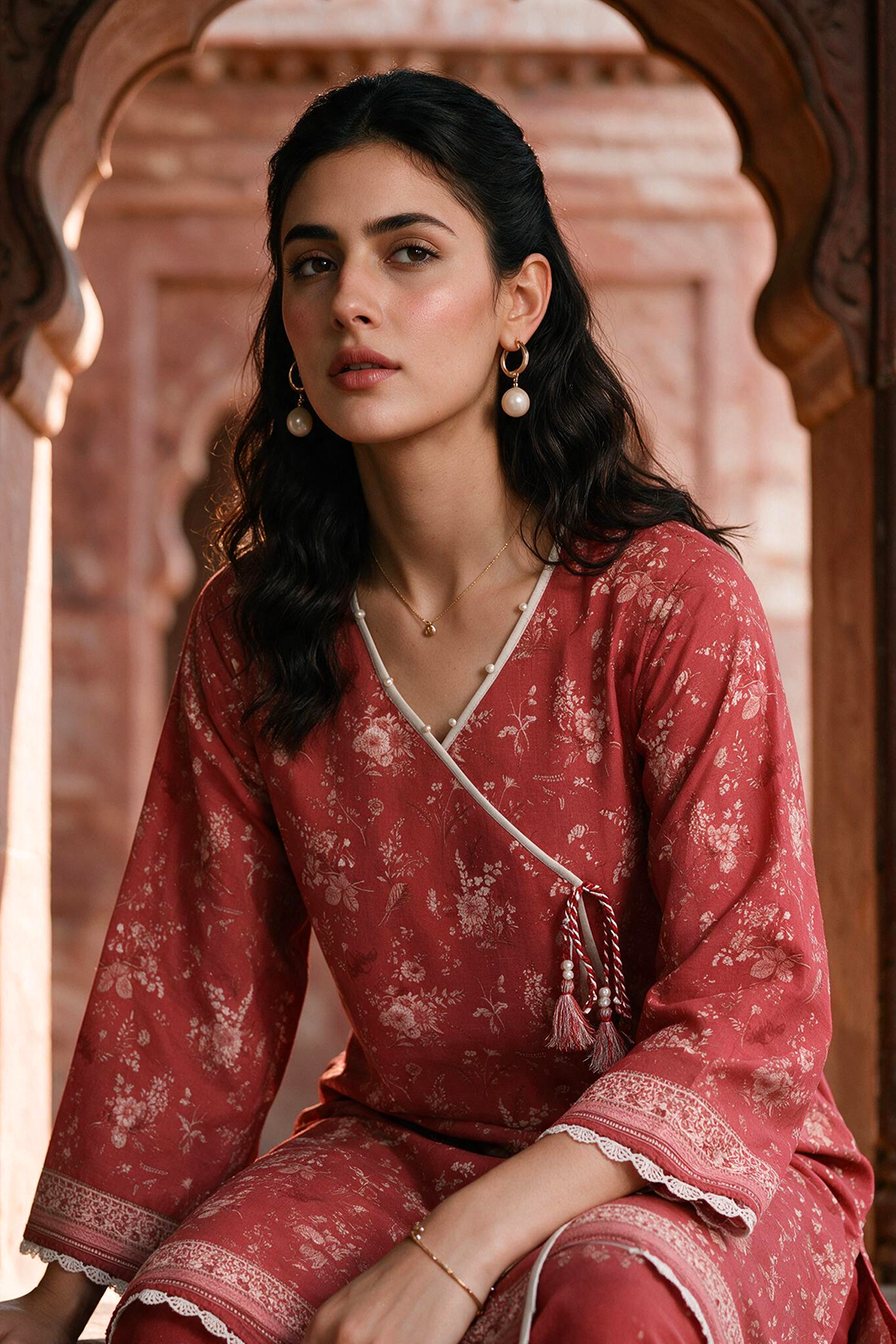 Zellbury dusty rose printed Khaddar 2 piece suit WUWQ1X20473 close detail