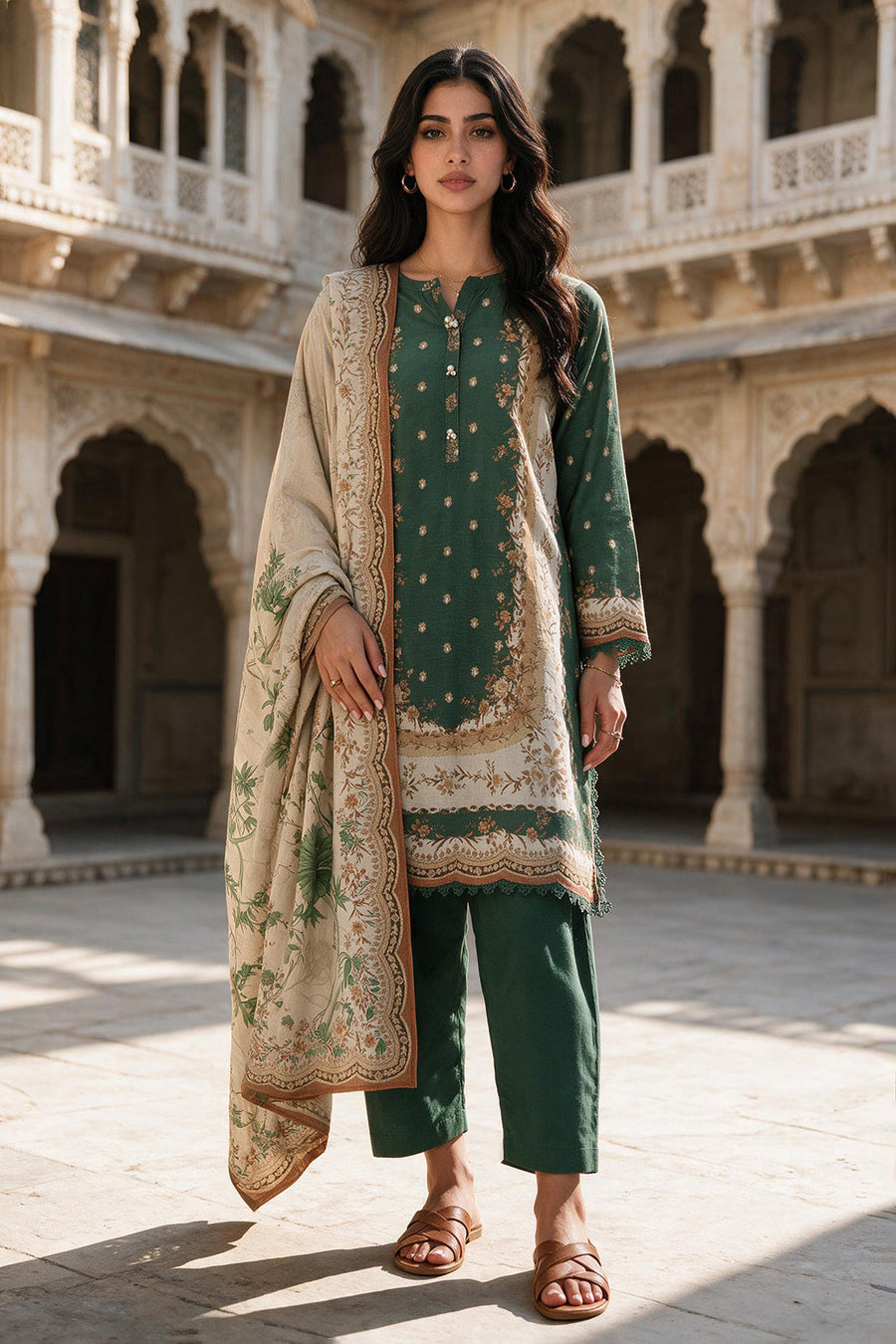 Zellbury dark green printed Khaddar 3 piece unstitched suit WUWQ1X30112 image 1