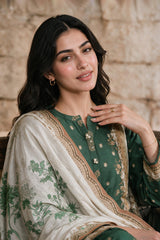 Zellbury dark green printed Khaddar 3 piece unstitched suit WUWQ1X30112 image 2