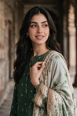 Zellbury dark green printed Khaddar 3 piece unstitched suit WUWQ1X30112 image 4